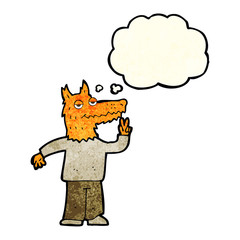 cartoon happy fox man with thought bubble