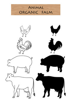 silhouette set farm animal cow pig chicken with parts name meat doodle with detail meat brush font vector illustration