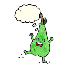 cartoon happy dancing pear with thought bubble