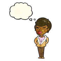 cartoon cool relaxed woman with thought bubble