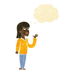 cartoon woman explaining with thought bubble