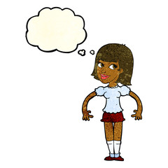 cartoon woman shrugging shoulders with thought bubble