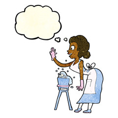 cartoon housewife washing up with thought bubble