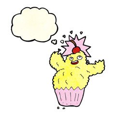 cartoon cupcake monster with thought bubble