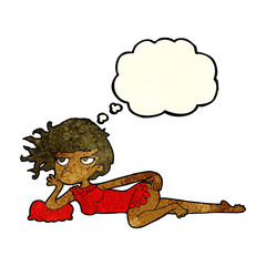 cartoon woman in sexy pose with thought bubble
