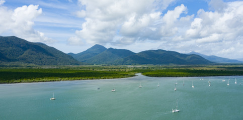 Aerial view of mangrove forest inlet and mountain range, Cairns, Queensland, Australia - 92252755
