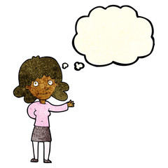 cartoon friendly woman with thought bubble