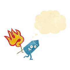 cartoon funny firework character with thought bubble