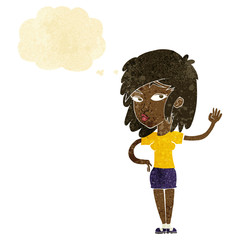cartoon pretty woman waving with thought bubble