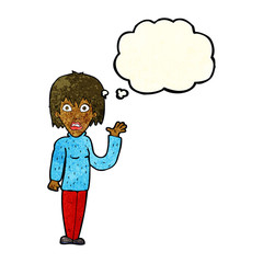cartoon shocked woman waving hand with thought bubble