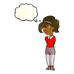 cartoon pretty girl tilting head with thought bubble