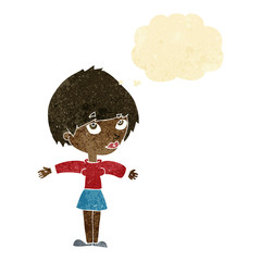 cartoon woman with open arms with thought bubble