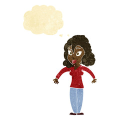 cartoon woman shrugging shoulders with thought bubble