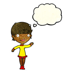 cartoon waving woman with thought bubble