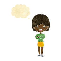cartoon happy woman with thought bubble