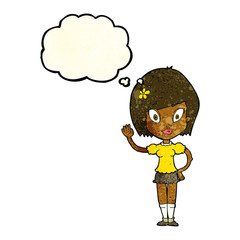 cartoon pretty girl waving with thought bubble