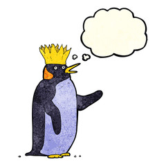 cartoon emperor penguin waving with thought bubble