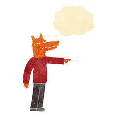 cartoon fox man pointing with thought bubble
