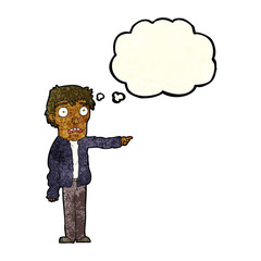 cartoon terrified man pointing with thought bubble