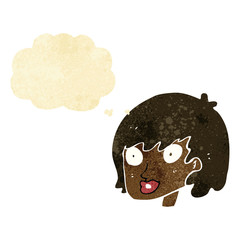 cartoon happy female face with thought bubble
