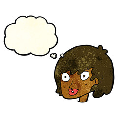 cartoon happy female face with thought bubble