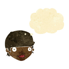 cartoon happy female face with thought bubble