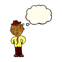 cartoon man wearing hat with thought bubble