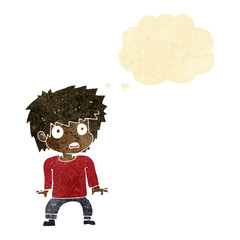 cartoon frightened boy with thought bubble