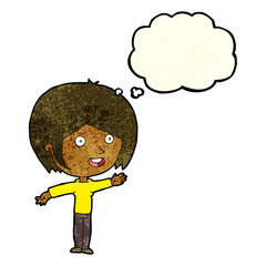 cartoon happy girl waving with thought bubble
