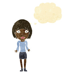 cartoon woman shrugging shoulders with thought bubble