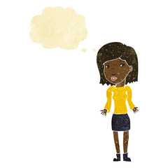cartoon woman shrugging shoulders with thought bubble
