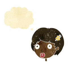 cartoon surprised female face with thought bubble