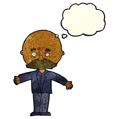 cartoon bald man with open arms with thought bubble