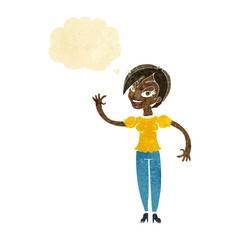 cartoon woman waving with thought bubble