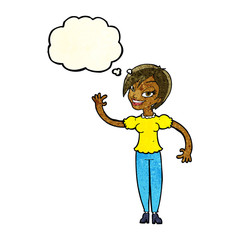 cartoon woman waving with thought bubble