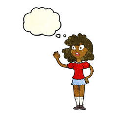 cartoon worried woman waving with thought bubble