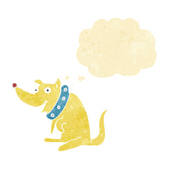 cartoon happy dog in big collar with thought bubble