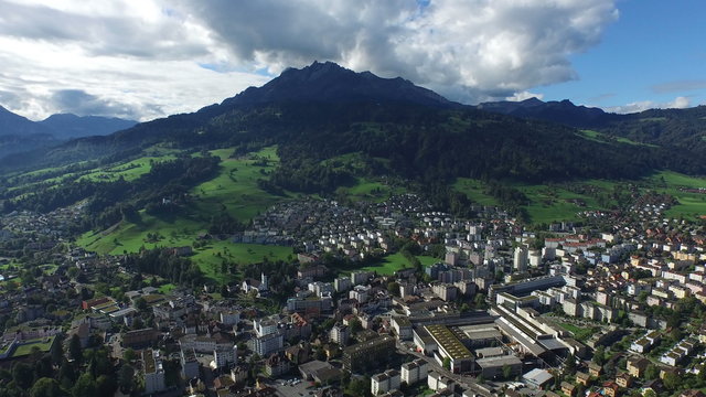 Aerial view of Kriens (near Lucerne) and Mount Pilatus, Switzerland