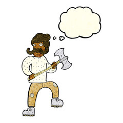 cartoon man with axe with thought bubble