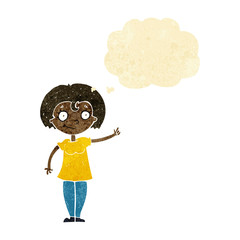 cartoon happy woman pointing with thought bubble