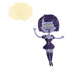 cartoon happy vampire girl with thought bubble