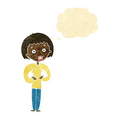 cartoon woman gesturing at self with thought bubble