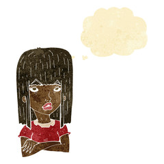 cartoon girl with folded arms with thought bubble