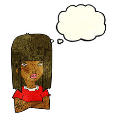 cartoon girl with folded arms with thought bubble
