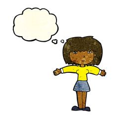 cartoon woman shrugging shoulders with thought bubble