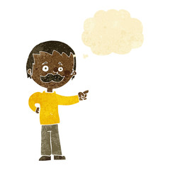 cartoon man with mustache pointing with thought bubble