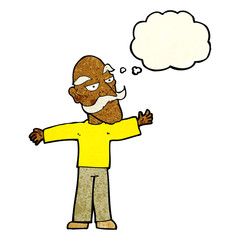 cartoon old man spreading arms wide with thought bubble