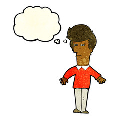 cartoon suspicious man with thought bubble