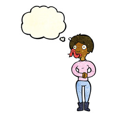 cartoon woman with snake tongue with thought bubble
