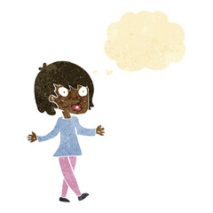 cartoon woman with open arms with thought bubble